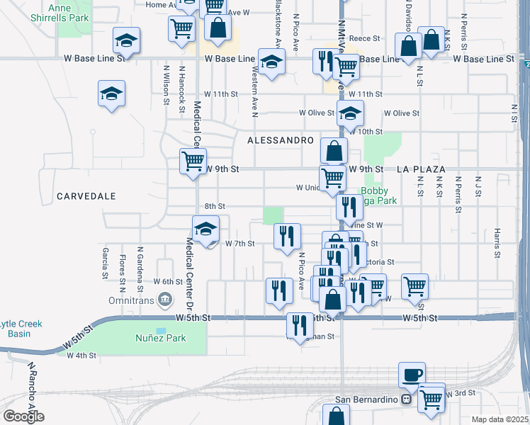 map of restaurants, bars, coffee shops, grocery stores, and more near 780 Roberds Avenue North in San Bernardino