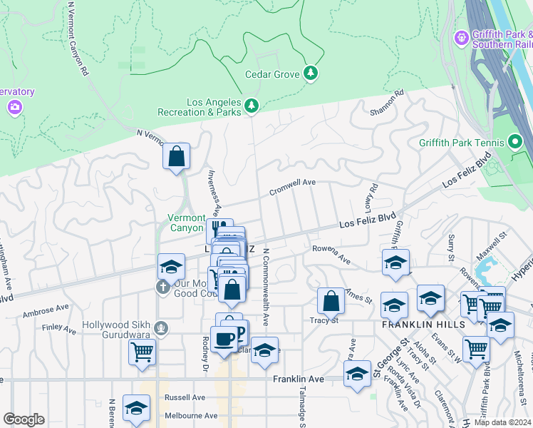 map of restaurants, bars, coffee shops, grocery stores, and more near 2300 North Commonwealth Avenue in Los Angeles