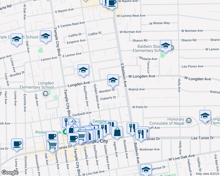 map of restaurants, bars, coffee shops, grocery stores, and more near 9861 Wendon Street in Temple City