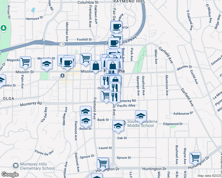 map of restaurants, bars, coffee shops, grocery stores, and more near 1116 Fair Oaks Avenue in Pasadena