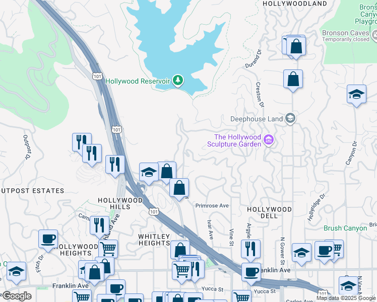 map of restaurants, bars, coffee shops, grocery stores, and more near 6464 Bryn Mawr Drive in Los Angeles