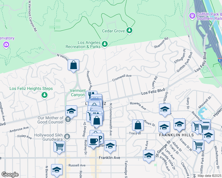 map of restaurants, bars, coffee shops, grocery stores, and more near 2300 North Commonwealth Avenue in Los Angeles