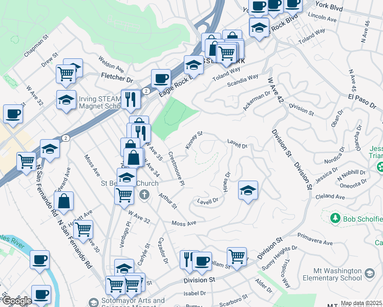 map of restaurants, bars, coffee shops, grocery stores, and more near 3560 Kinney Street in Los Angeles