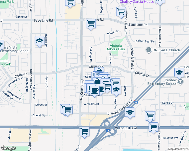 map of restaurants, bars, coffee shops, grocery stores, and more near 7694 Lisbon Place in Rancho Cucamonga