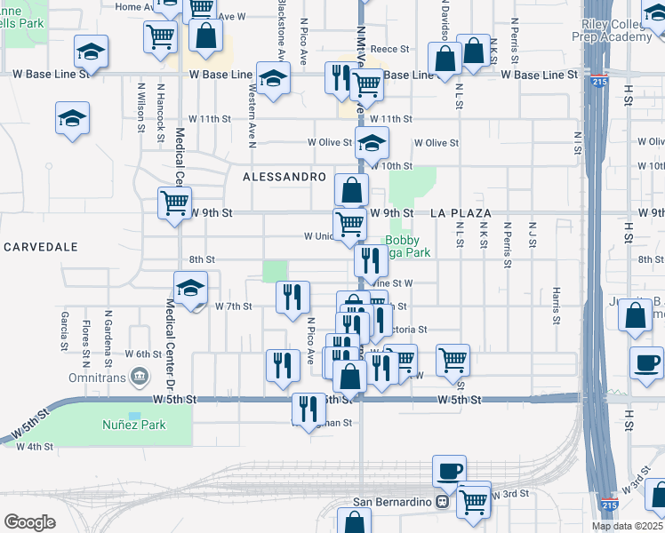 map of restaurants, bars, coffee shops, grocery stores, and more near 1339 Vine Street West in San Bernardino