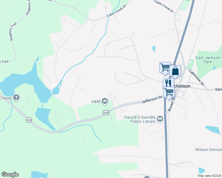 map of restaurants, bars, coffee shops, grocery stores, and more near 143 Rabbit Run in Nicholson