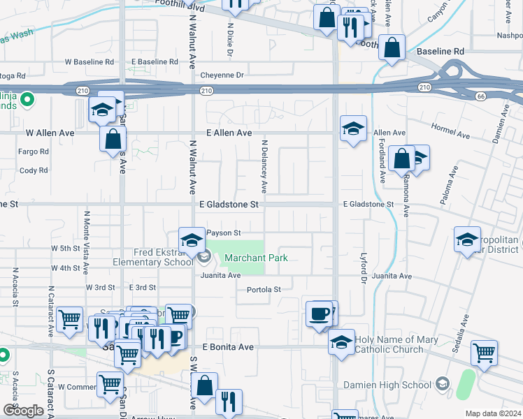 map of restaurants, bars, coffee shops, grocery stores, and more near 639 North Delancey Avenue in San Dimas
