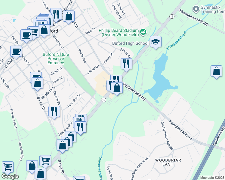 map of restaurants, bars, coffee shops, grocery stores, and more near 2195 Buford Highway Northeast in Buford