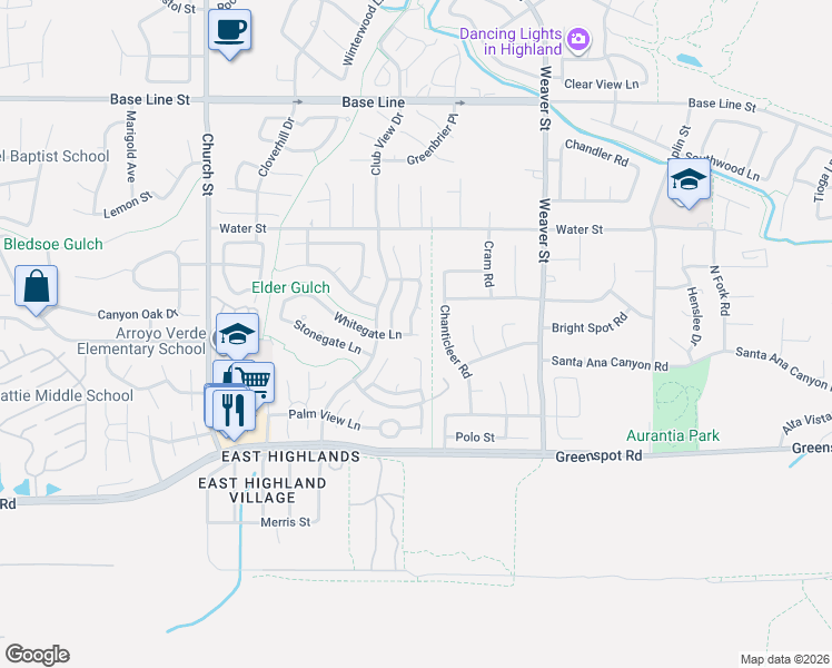 map of restaurants, bars, coffee shops, grocery stores, and more near 29151 Whitegate Lane in Highland