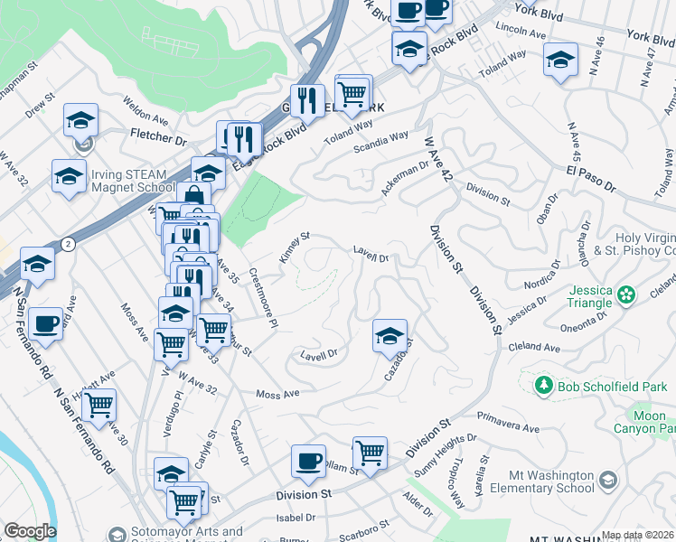 map of restaurants, bars, coffee shops, grocery stores, and more near 3662 The Paseo in Los Angeles