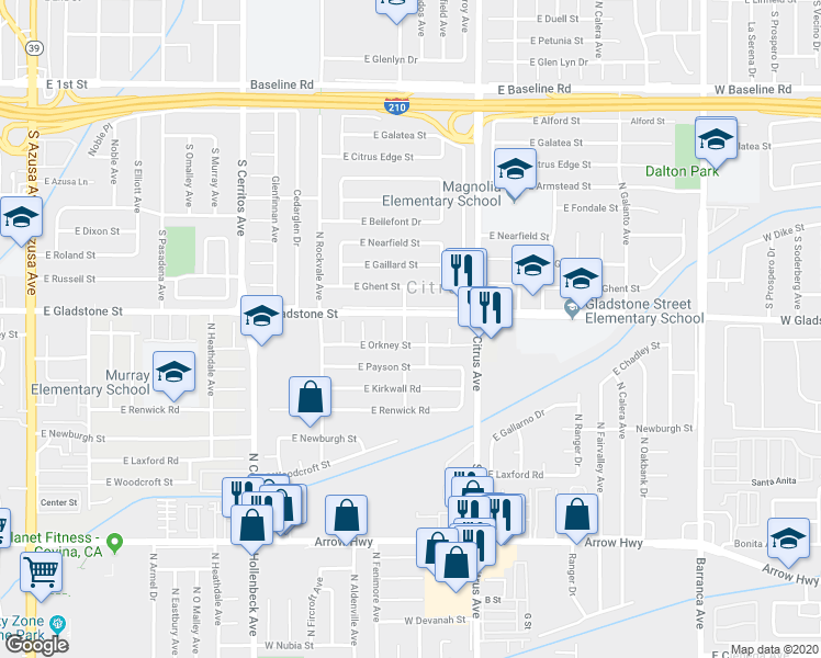 map of restaurants, bars, coffee shops, grocery stores, and more near 5514 North Fenimore Avenue in Azusa
