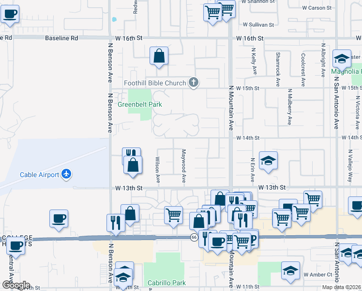 map of restaurants, bars, coffee shops, grocery stores, and more near 1367 Notre Dame Street in Upland