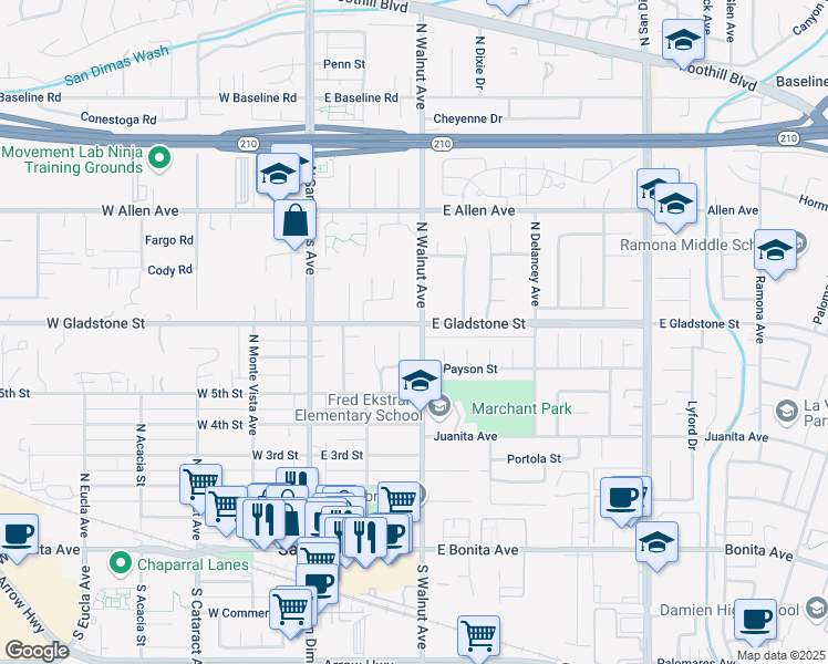 map of restaurants, bars, coffee shops, grocery stores, and more near 542 North Walnut Avenue in San Dimas