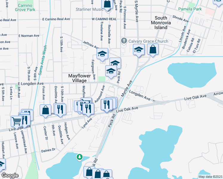 map of restaurants, bars, coffee shops, grocery stores, and more near 1308 Jacaranda Circle in Arcadia