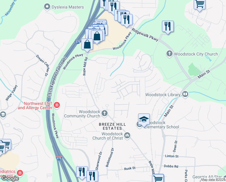 map of restaurants, bars, coffee shops, grocery stores, and more near 1010 Society Way in Woodstock