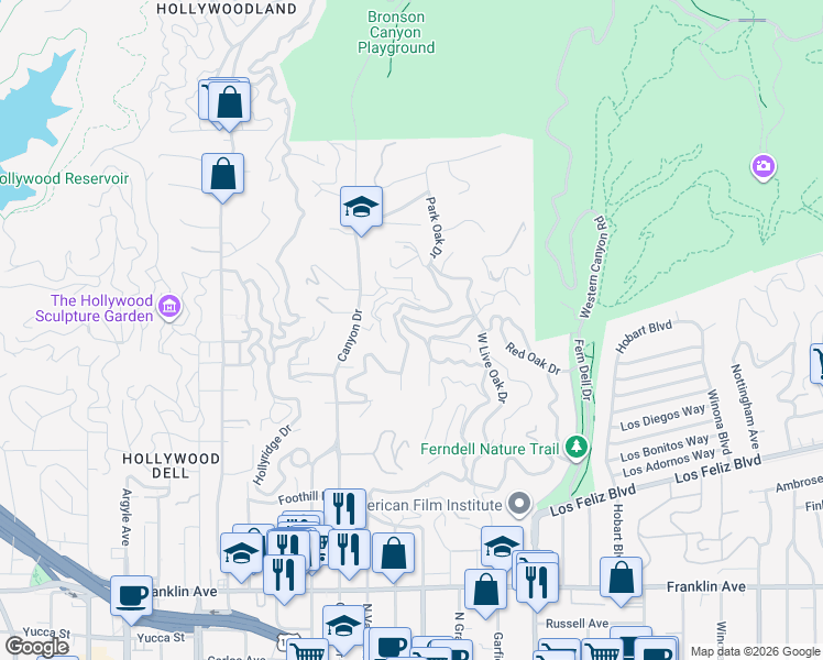 map of restaurants, bars, coffee shops, grocery stores, and more near 5682 Spreading Oak Drive in Los Angeles