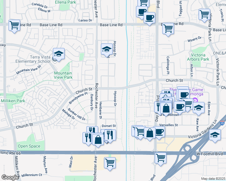 map of restaurants, bars, coffee shops, grocery stores, and more near 7712 Hyssop Drive in Rancho Cucamonga