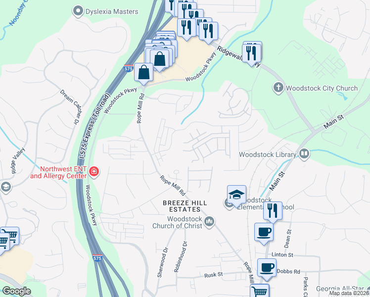 map of restaurants, bars, coffee shops, grocery stores, and more near 922 Magnolia Leaf Drive in Woodstock