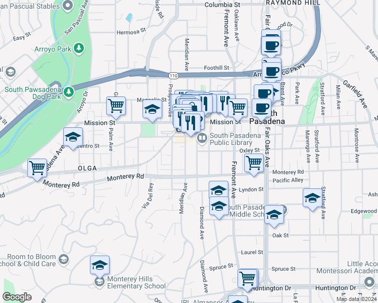 map of restaurants, bars, coffee shops, grocery stores, and more near 1100 Meridian Avenue in South Pasadena