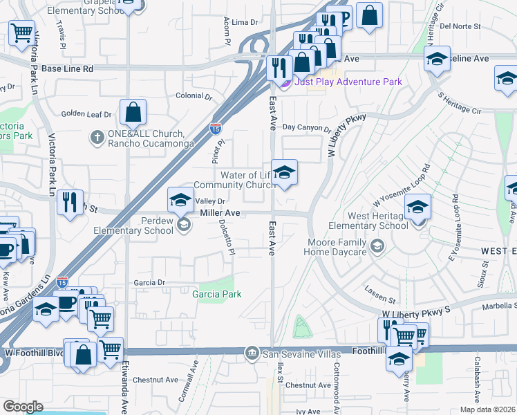 map of restaurants, bars, coffee shops, grocery stores, and more near 13231 Miller Avenue in Rancho Cucamonga