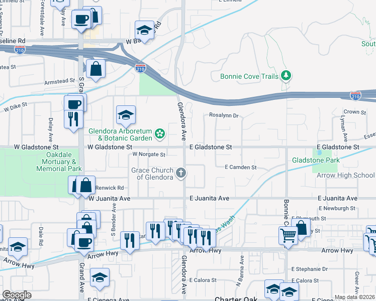 map of restaurants, bars, coffee shops, grocery stores, and more near 114 West Norgate Street in Glendora