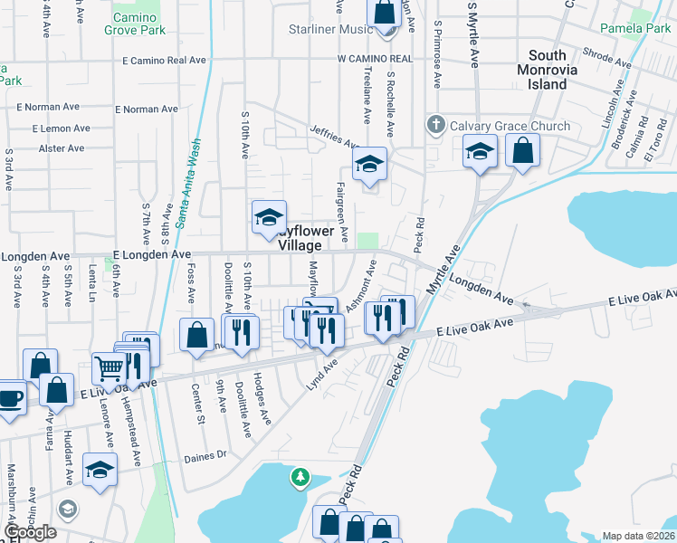 map of restaurants, bars, coffee shops, grocery stores, and more near 2844 Larkfield Avenue in Arcadia
