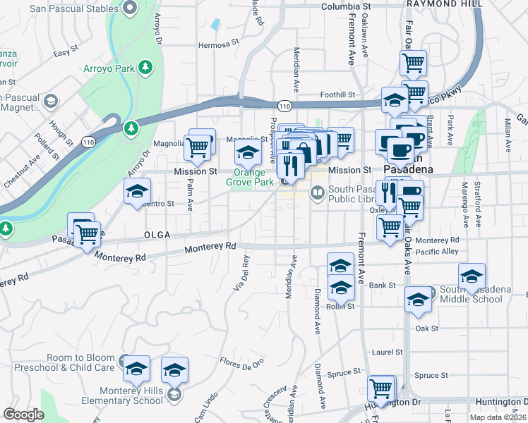 map of restaurants, bars, coffee shops, grocery stores, and more near 1123 Glendon Court in South Pasadena