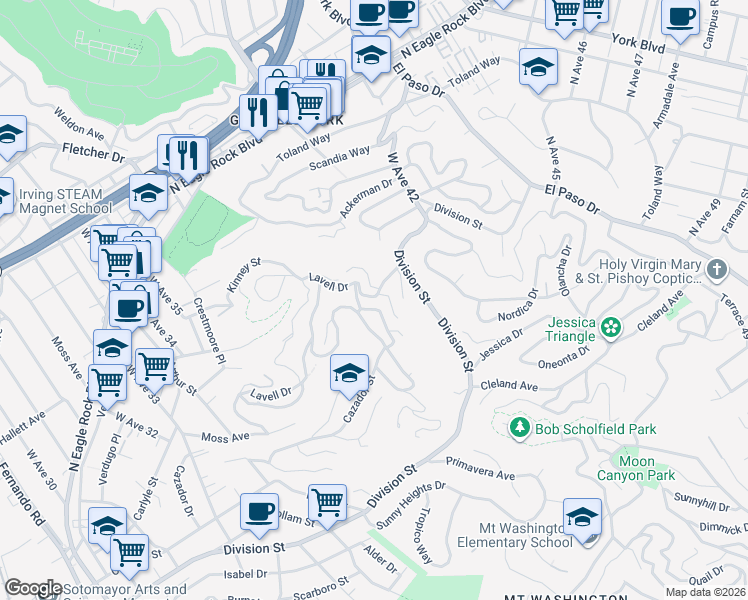 map of restaurants, bars, coffee shops, grocery stores, and more near 3866 Cazador Street in Los Angeles
