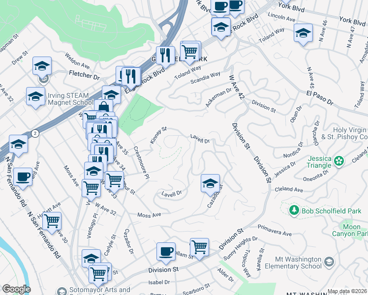 map of restaurants, bars, coffee shops, grocery stores, and more near 3716 Lavell Drive in Los Angeles