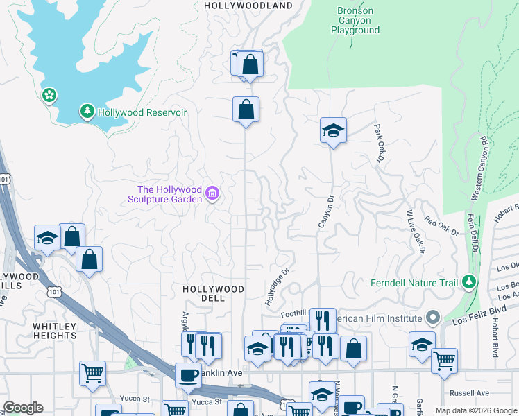 map of restaurants, bars, coffee shops, grocery stores, and more near 6010 Graciosa Drive in Los Angeles