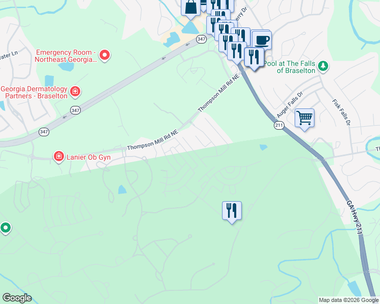 map of restaurants, bars, coffee shops, grocery stores, and more near 2520 Muskogee Lane in Braselton