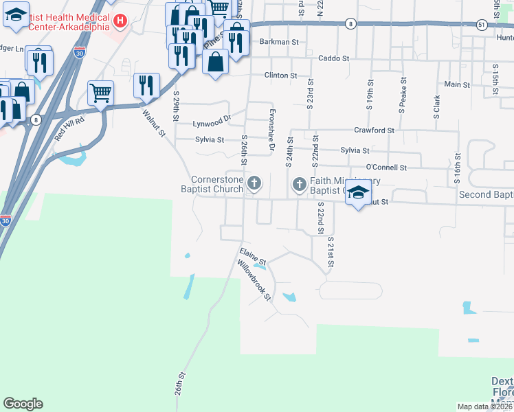 map of restaurants, bars, coffee shops, grocery stores, and more near 926 South 25th Street Circle in Arkadelphia