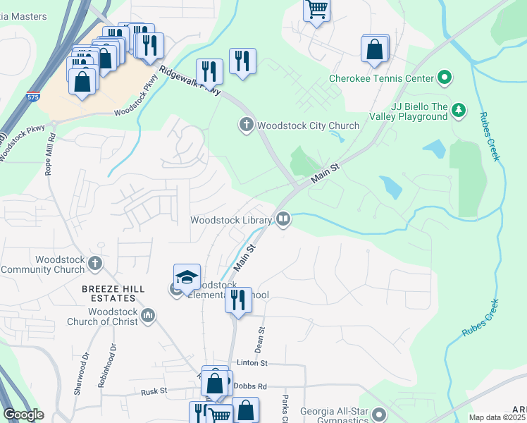 map of restaurants, bars, coffee shops, grocery stores, and more near 7674 Main Street in Woodstock
