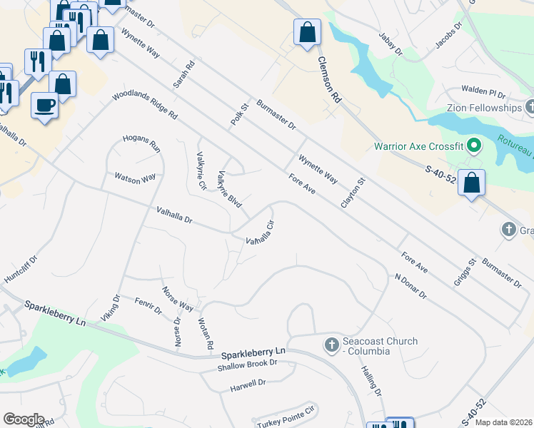 map of restaurants, bars, coffee shops, grocery stores, and more near 2 Valhalla Circle in Columbia
