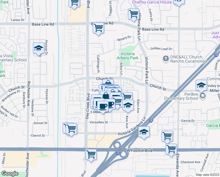 map of restaurants, bars, coffee shops, grocery stores, and more near 12447 Canal Drive in Rancho Cucamonga