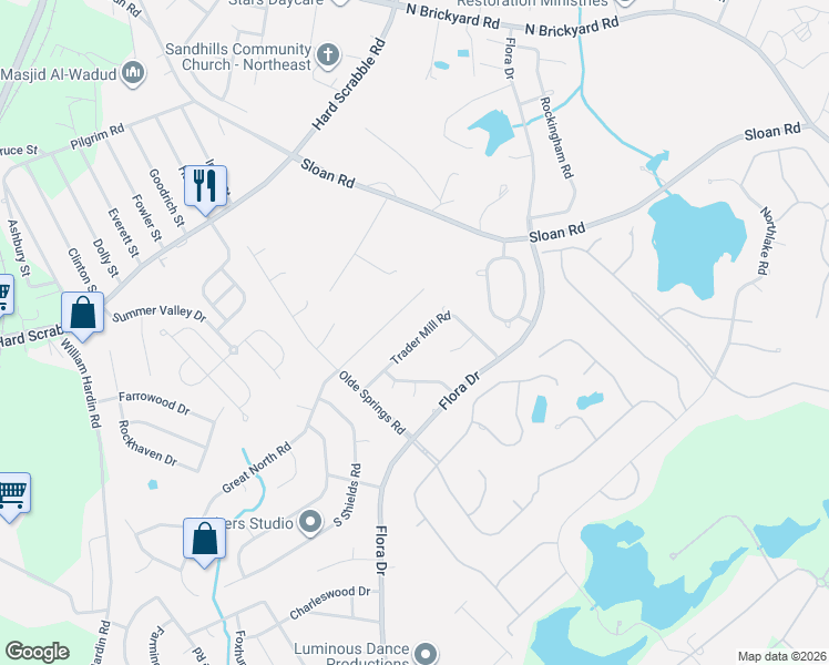 map of restaurants, bars, coffee shops, grocery stores, and more near 525 Trader Mill Road in Columbia