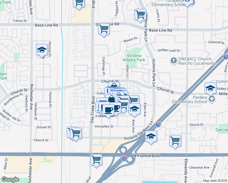 map of restaurants, bars, coffee shops, grocery stores, and more near 12427 Canal Drive in Rancho Cucamonga