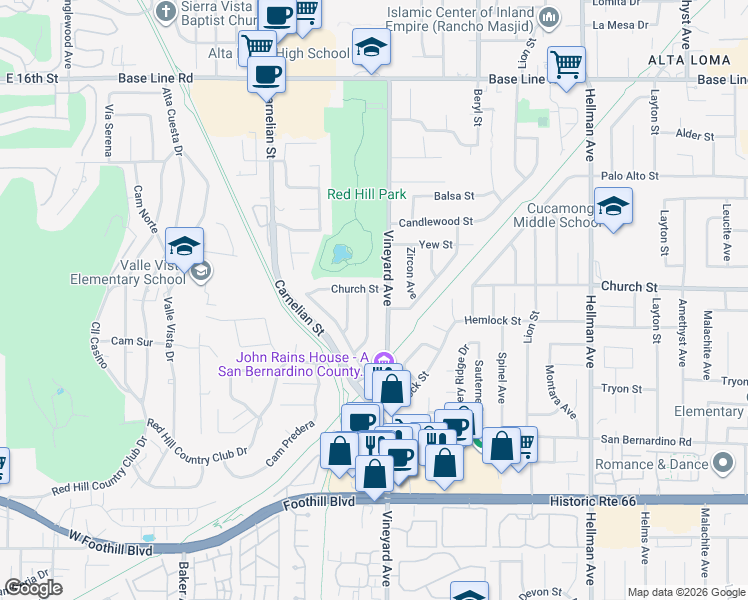 map of restaurants, bars, coffee shops, grocery stores, and more near 7731 San Diego Avenue in Rancho Cucamonga
