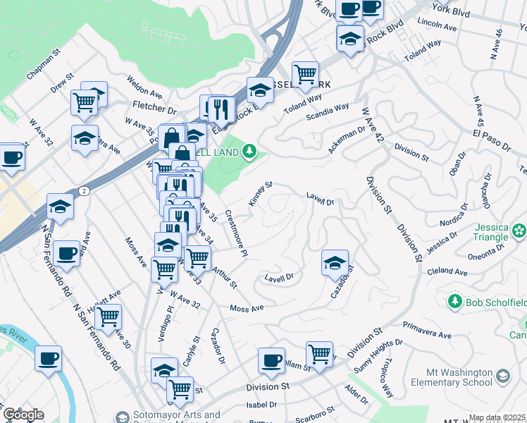 map of restaurants, bars, coffee shops, grocery stores, and more near 2537 El Rosa Drive in Los Angeles