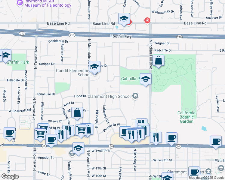 map of restaurants, bars, coffee shops, grocery stores, and more near 663 Hood Drive West in Claremont
