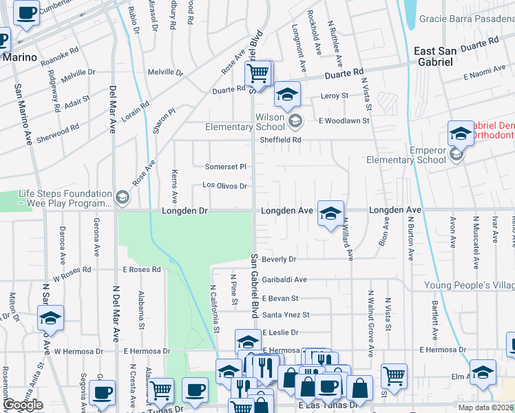 map of restaurants, bars, coffee shops, grocery stores, and more near North San Gabriel Boulevard in San Gabriel