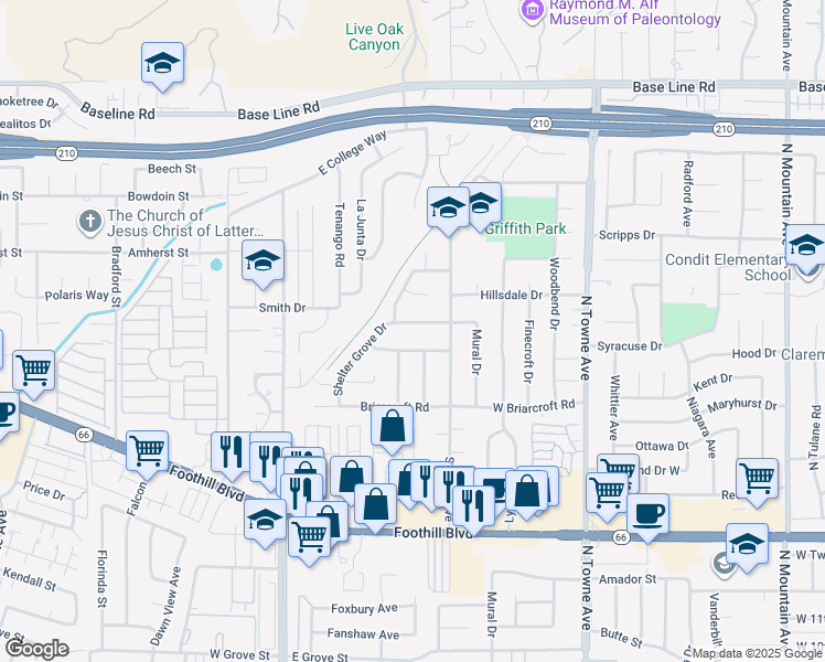 map of restaurants, bars, coffee shops, grocery stores, and more near 3856 Requa Avenue in Claremont