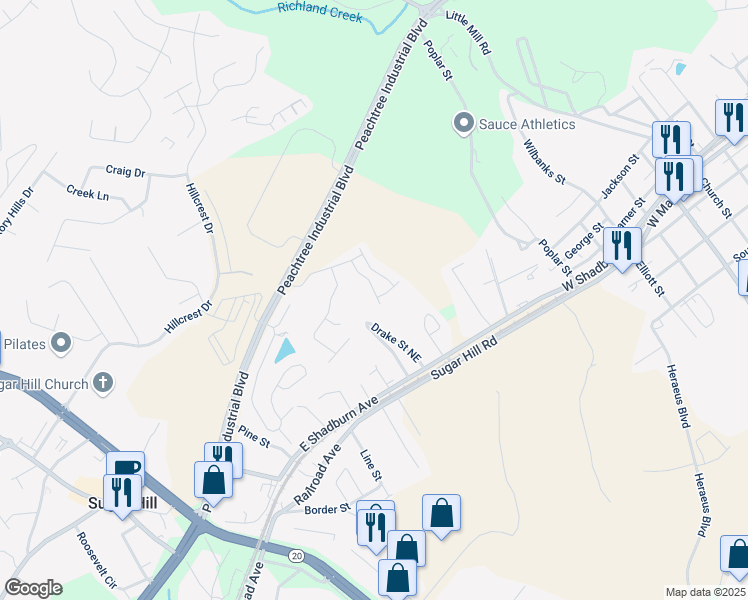 map of restaurants, bars, coffee shops, grocery stores, and more near 4996 Maplecliff Drive in Sugar Hill