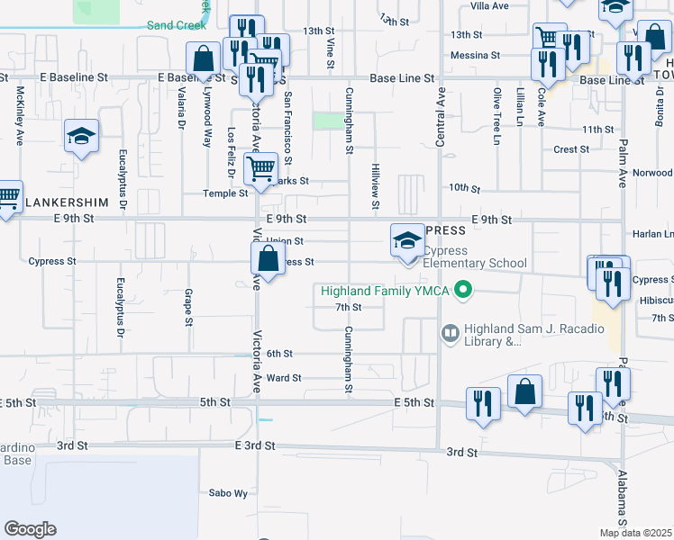 map of restaurants, bars, coffee shops, grocery stores, and more near 7776 Cunningham Street in Highland