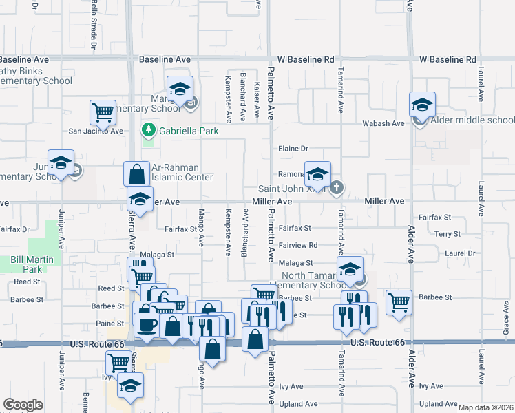 map of restaurants, bars, coffee shops, grocery stores, and more near 7756 Palmetto Avenue in Fontana