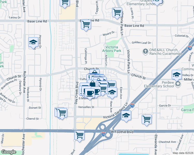 map of restaurants, bars, coffee shops, grocery stores, and more near 12455 Cultural Center Drive in Rancho Cucamonga