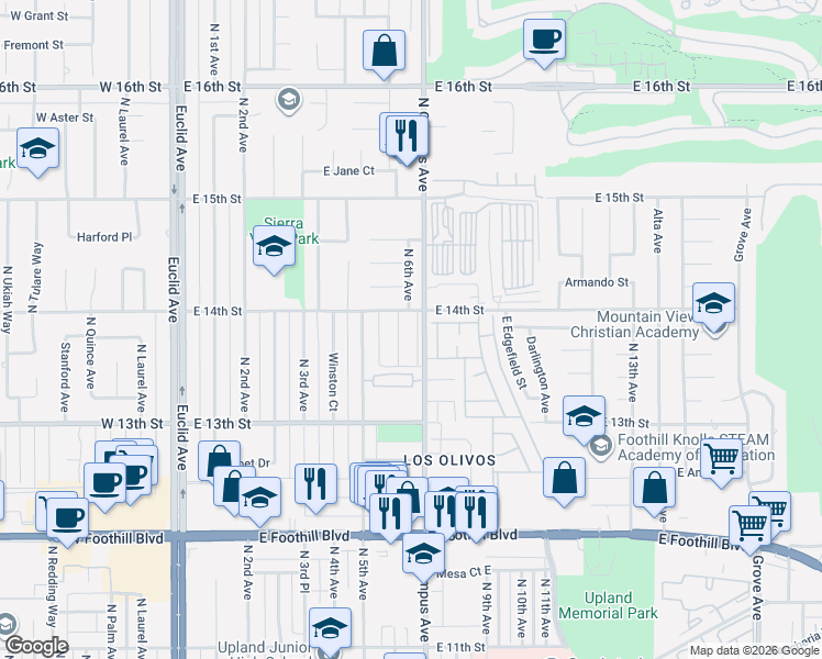 map of restaurants, bars, coffee shops, grocery stores, and more near 1362 Bouquet Drive in Upland