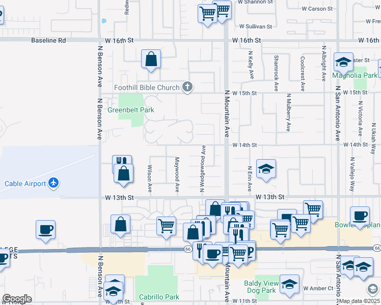 map of restaurants, bars, coffee shops, grocery stores, and more near 1323 Diana Court in Upland