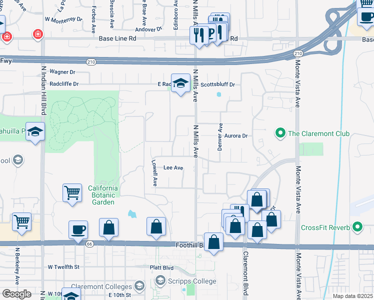 map of restaurants, bars, coffee shops, grocery stores, and more near 462 Rockford Drive in Claremont