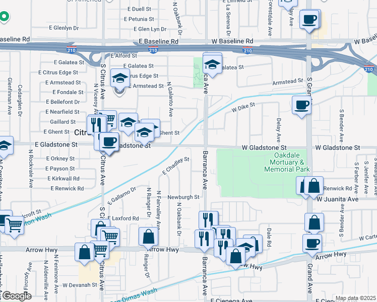 map of restaurants, bars, coffee shops, grocery stores, and more near 18818 East Chadley Street in Covina